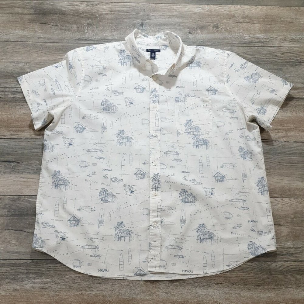Gap 2XL Short Sleeve Shirt Island Map Vacation Casual Beach Hut Boho Pool Surf